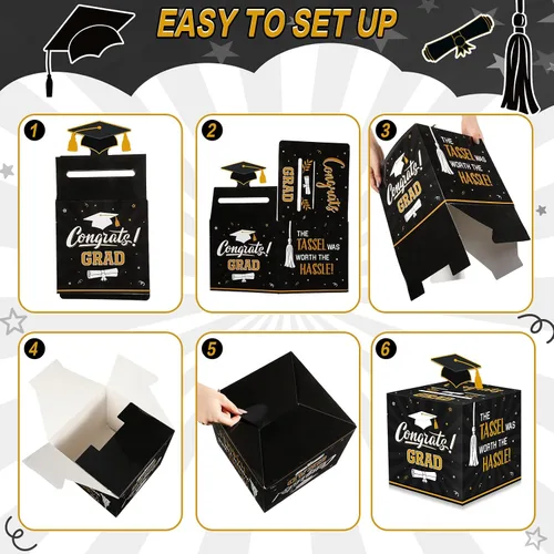 Miniatura 4 de Funrous Caja grande para tarjetas de graduación 2026 en negro y dorado con 30 piezas de tarjetas de consejos, caja de dinero, caja de dinero