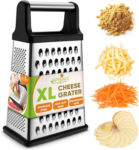 Spring Chef Rallador Profesional de Queso - Acero Inoxidable, Tamaño XL, 4 Lados - Rallador de Caja Perfecto para Queso Parmesano, Verduras, Negro