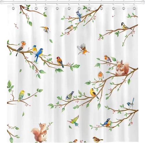 Miniatura 11 de Juego de cortinas de ducha de ramas de pájaro retro, cortinas de ducha de tela de poliéster impermeable con 12 ganchos para decoración del hogar, 72