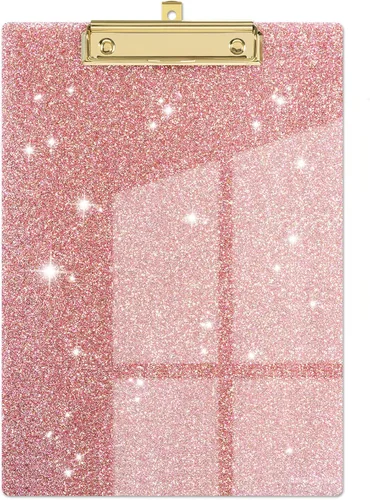 Piasoenc Portapapeles de Acrílico, Tablero con Clip de Purpurina Elegante con Clip Dorado de Perfil Bajo, Diseñado para Uso en Aula, Escuela y Rosa