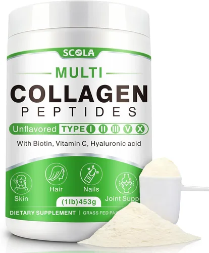 SCOLA Péptidos de colágeno en polvo - Tipo I, II, III, V, X - Péptidos de colágeno hidrolizados con vitamina C ácido hialurónico, apoya la piel,