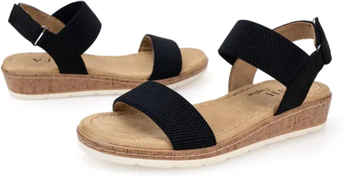 Miniatura 5 de VJH confort Sandalias planas para mujer, puntera abierta, correa elástica en el tobillo, sandalias cómodas de cuña baja