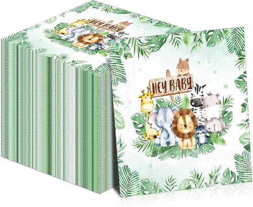 Yeaqee 100 servilletas de baby shower de safari de la selva, servilletas de papel verde salvia, servilletas desechables de 3 capas de vegetación de