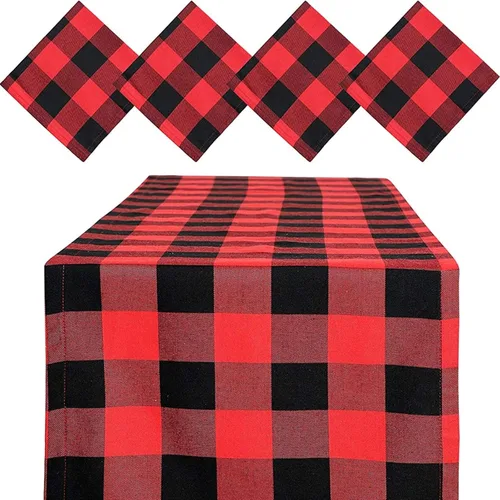 Camino de mesa y 4 servilletas – Patrón de tartán rojo para Navidad – Camino de 110 x 14 pulgadas y servilletas de 17 x 17 pulgadas – en caja de