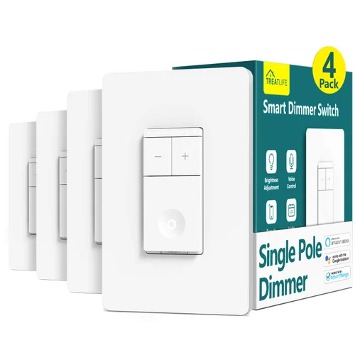TREATLIFE Paquete de 4 interruptores de atenuación inteligente, interruptor de luz inteligente Wi-Fi de un solo polo de 2.4 GHz, funciona con Alexa