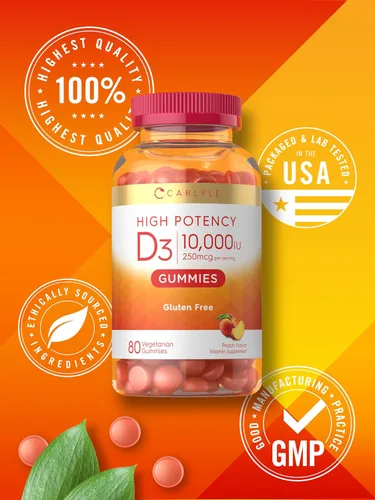 Miniatura 6 de Carlyle Gomitas de vitamina D3 10000iu para adultos 80 unidades Gomitas con sabor a melocotón Alta potencia para mujeres y hombres