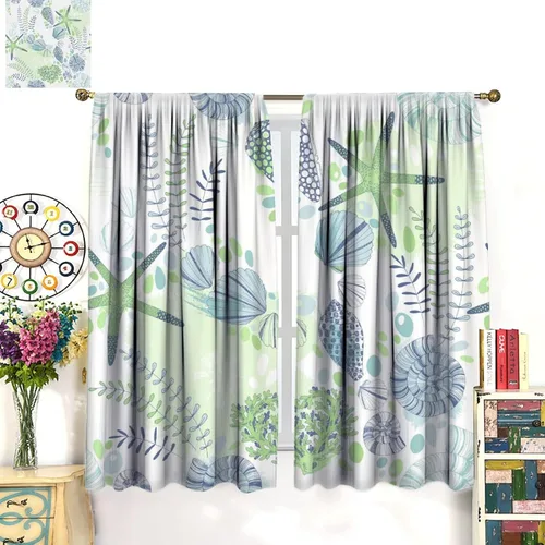 Miniatura 8 de Cortinas de decoración de playa con océano azul, peces náuticos costeros playeros de verano, conchas marinas, temática infantil, dormitorio, sala