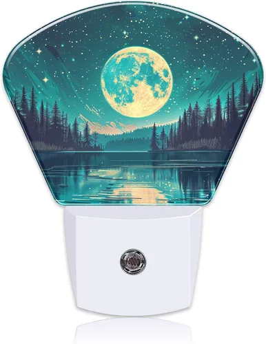 Fantasy Lake Forest - Luces nocturnas enchufables, luna llena en cielo estrellado, luz nocturna enchufable a la pared, sensor de atardecer a
