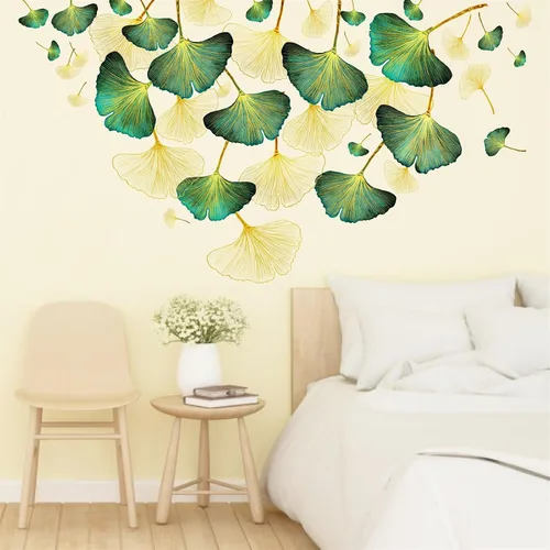 Miniatura 7 de Calcomanías de pared de hojas doradas, calcomanías de pared de hojas verdes, calcomanías de pared modernas para dormitorio, sala de estar, Oro