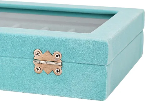 Miniatura 6 de GSLSTGS Caja de almacenamiento de joyería de cristal de terciopelo para anillos aretes caja de joyería estuche para anillos 2 cierres azul claro