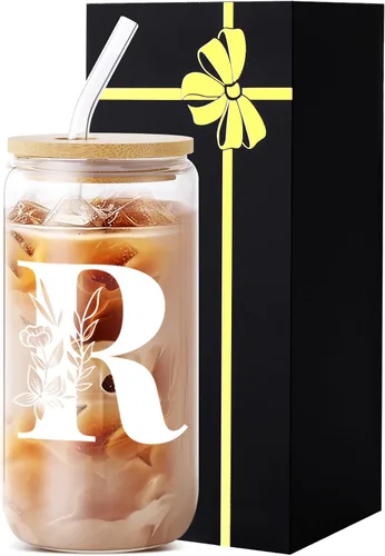 Miniatura 28 de Vaso de vidrio con monograma con tapa, pajita, idea de regalo de moda para amantes del café para mujeres y adolescentes, regalo personalizado