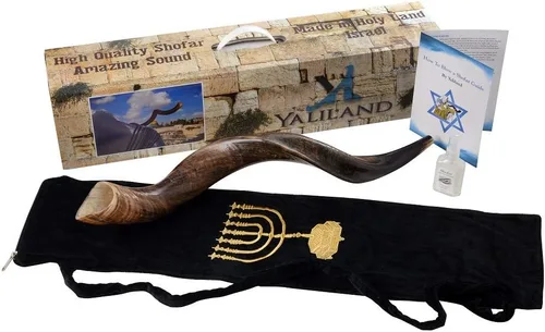 Auténtico juego Kudu Shofar – Cuerno yemenita natural completo (26"-28") con bolsa de menorá, guía y estuche de transporte – Hecho a mano en Israel