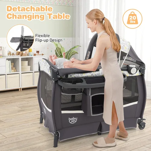 Miniatura 7 de BABY JOY 4 en 1 Pack and Play, corralito portátil para bebé con moisés y mesa de cambio abatible, toldo, centro de actividades de moisés para bebés