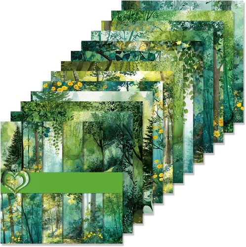 Bloc de papel para álbum de recortes, 6 x 6 pulgadas, 24 hojas de papel de manualidades con patrón de bosque verde para diario basura, collage,