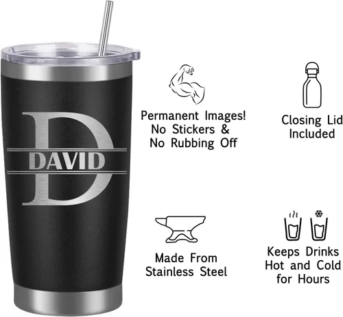 Miniatura 4 de Vasos personalizados con tapa de nombre y pajita, vaso de café aislado personalizado, regalo de Navidad y cumpleaños para hombres, acero inoxidable