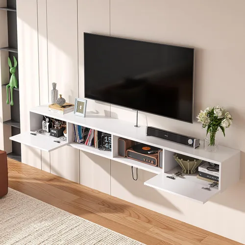 Miniatura 6 de Soporte flotante para TV de madera contrachapada con puertas acanaladas, color blanco, 55 pulgadas Montado en la pared, consola multimedia