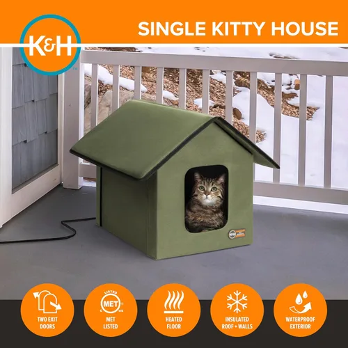 Miniatura 4 de K&H Pet Products - Refugio para gatos con calefacción al aire libre, 18 x 22 x 17 pulgadas, verde oliva verde oliva/ verde oliva (Olive/olive)