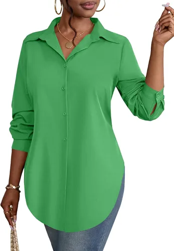 Miniatura 32 de Rooscier Blusa larga con cuello en V para mujer, manga larga, abertura lateral, con botones
