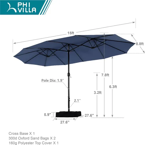 Miniatura 6 de Sombrilla PHI VILLA para terraza, extra grande, de doble sombrilla, de 450cm (base incluida), sombrilla doble para exterior, Marino Azul marino