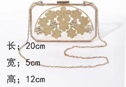 Miniatura 2 de ZLXDP - Bolso de mano de noche para mujer, diseño de flores doradas, carteras de boda, acrílico para fiesta, cena, con bolsas de hombro transparentes