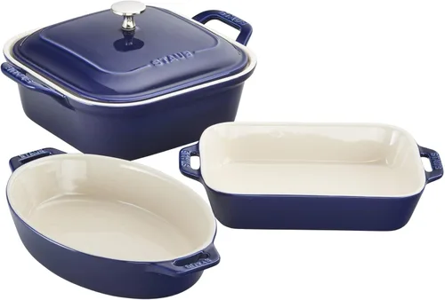 STAUB Juego de 4 sartenes de cerámica para hornear, cacerola con tapa, sartén para brownies, azul oscuro