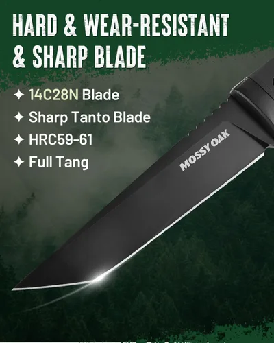 Miniatura 3 de Mossy Oak Cuchillo de Caza de Hoja Fija de 10 Pulgadas, Cuchillo de Caza Tanto de Espiga Completa 14C28N con Funda para Supervivencia, Campamento