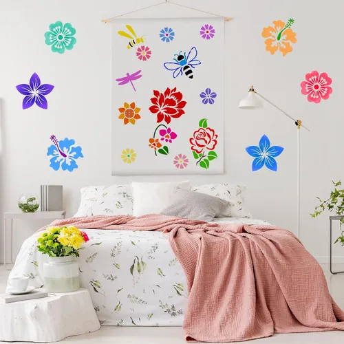 Miniatura 7 de Plantillas de 16 piezas para pintar girasol, mariposa, plantilla floral para primavera y verano, plantillas grandes reutilizables de pintura