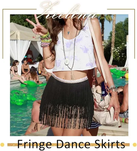 Miniatura 2 de Zeelina Faldas de baile con flecos, falda de lentejuelas, falda envolvente con borlas brillantes, disfraz de fiesta rave para festival para mujer