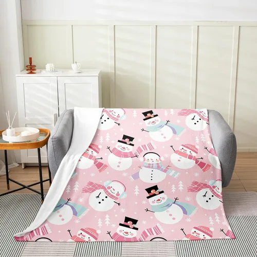jejeloiu Manta de Navidad rosa de 40 x 50 pulgadas, manta de franela de forro polar de franela de muñeco de nieve para sofá, árbol de Navidad, manta