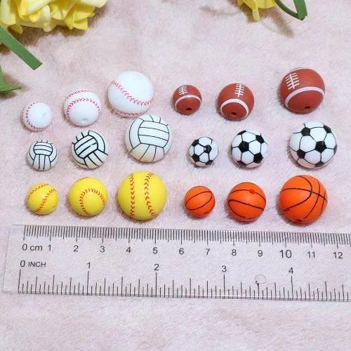 Miniatura 4 de 36 cuentas de silicona para fabricación de llaveros de 0.47 pulgadas y 0.59 pulgadas a granel de béisbol, baloncesto, fútbol, deporte, focal