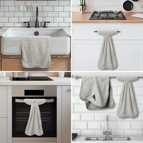 Miniatura 6 de R HORSE 8 piezas de toalla de mano colgante con lazo, gris absorbente de lana de coral para baño, paño de cocina suave y grueso decorativo de secado