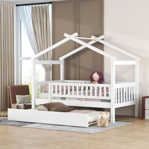 Miniatura 13 de JIVOIT Cama de plataforma de madera con dos cajones, cama de casa tamaño individual con diseño de techo, patas de pino macizo, cabecera y estribo