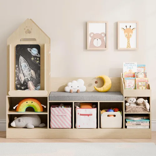 Miniatura 7 de MU Estantería para niños con rincón de lectura, organizador de almacenamiento de juguetes de madera con pizarra y banco, rincón de lectura