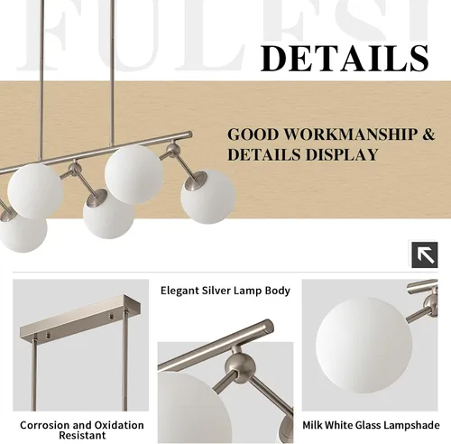 Miniatura 3 de Candelabro lineal moderno de 6 luces con globo de cristal de leche Sputnik, lámpara colgante plateada para cocina, isla de comedor, sobre mesa