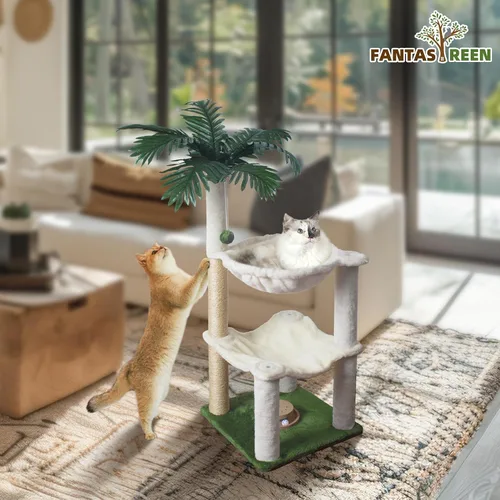Miniatura 6 de Fantasreen - Poste para rascar para gatos de 40 pulgadas, torre pequeña con dos hamacas, hamacas dobles con juguete interactivo de madera