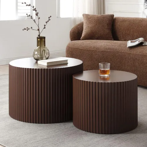 Miniatura 16 de WILLIAMSPACE Juego de 2 mesas auxiliares anidadas, mesas de café redondas de madera color naranja mate, mesas auxiliares modernas de lujo, mesa