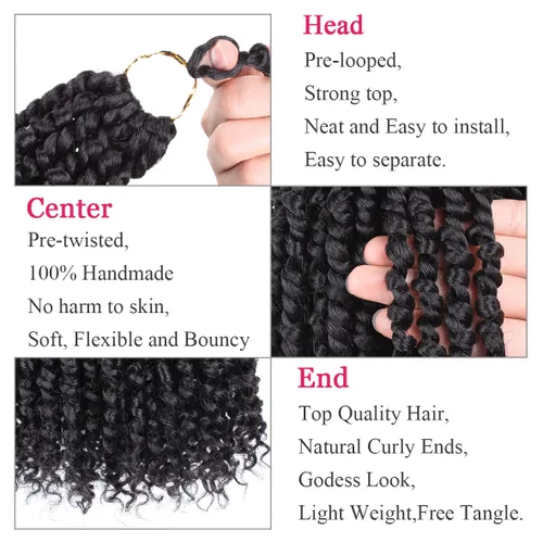 Miniatura 4 de Leeven 8 paquetes de 8 pulgadas, extensiones de cabello trenzado de ganchillo pretrenzado con rizos en los extremos, color negro natural