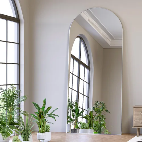 Miniatura 12 de Espejo de longitud completa de 56 x 16 pulgadas, espejo arqueado con soporte de pared, espejo de cuerpo completo plateado, para colocar de pie, Plata