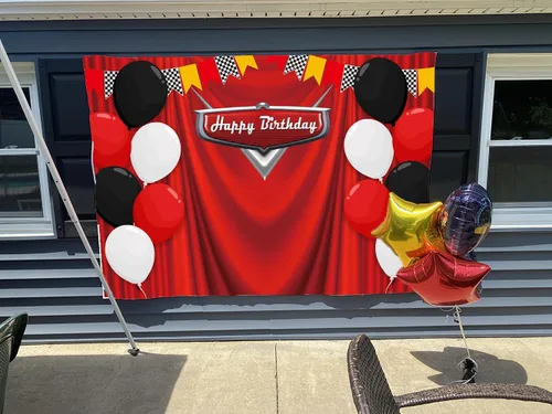 Miniatura 5 de Telón de fondo de cumpleaños de 7 x 5 pies, bandera de carreras, fondo rojo para fotografía, temática de carreras, decoración de fiesta