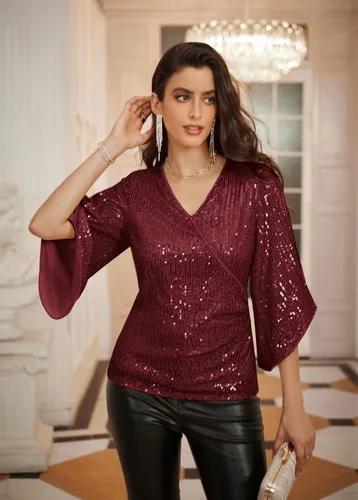 Miniatura 2 de GRACE KARIN Blusa de lentejuelas para mujer, manga 34, purpurina brillante, blusa de fiesta con cuello en V, tops elegantes para fiesta de noche