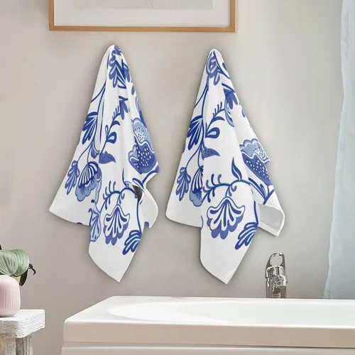 Miniatura 4 de susiyo Juego de 2 toallas de mano de estilo chinoiserie con estampado de flores azules, toallas de baño decorativas súper suaves y altamente