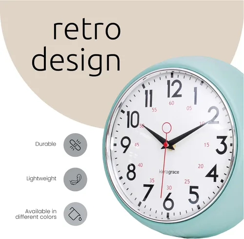 Miniatura 5 de Kiera Grace, reloj de pared retro con bisel cromado y lente de vidrio convexo, de 9.5 pulgadas, Plástico, Verde, 9.5