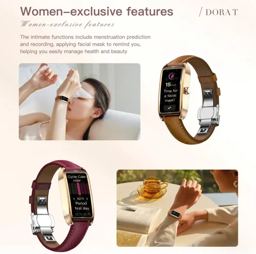 Miniatura 7 de Rastreador de actividad física para mujer, reloj de fitness para mujer, correa de cuero, funda de aleación, monitor de frecuencia cardíaca de lujo