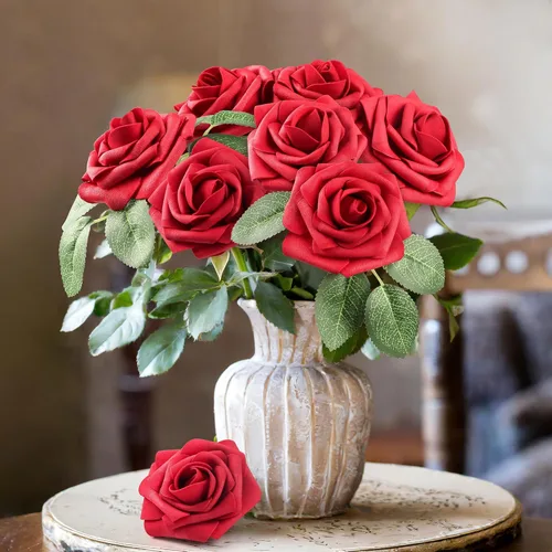 Miniatura 5 de Mocoosy 50 rosas artificiales a granel, rosas falsas de espuma de aspecto real con tallos a granel, ramo de boda, arreglo floral, centros de mesa