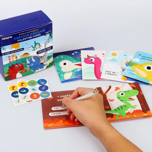 Miniatura 3 de Rompecabezas del día de San Valentín para niños, paquete de 27 tarjetas de rompecabezas de dinosaurio con sobres y calcomanías a granel