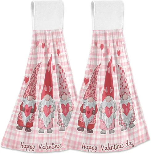 Kcldeci Toallas de mano colgantes para el día de San Valentín con lazo para colgar, gnomos, corazones, toallas de mano suaves y gruesas, toallas