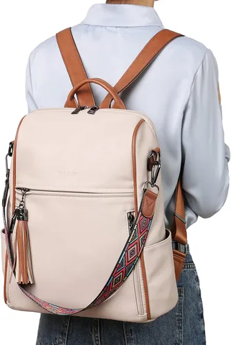 Miniatura 6 de FADEON Mochila de cuero para mujer, diseño de mujer, bolsa de hombro de moda, mochila de viaje convertible de PU, E Beige Con Marrón, Medium