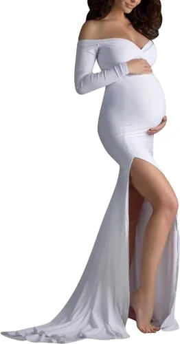 IWEMEK Vestido largo de encaje floral fruncido para mujer, para fotografía, vestido de boda, embarazo, para baby shower, sesión de fotos