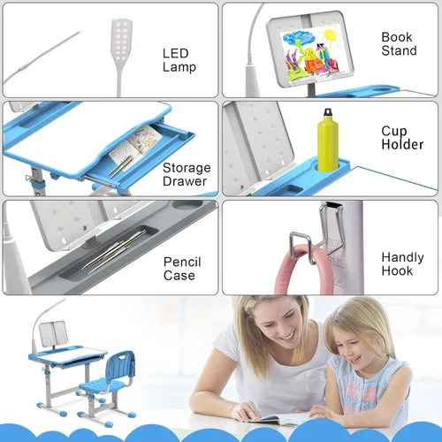 Miniatura 4 de BELANITAS Juego de escritorio y silla para niños, escritorio escolar de altura ajustable para niños, inclinable de 40 grados con 3 modos de luz
