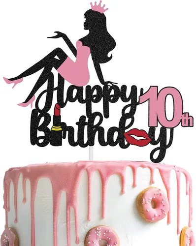 LINGTEER - Decoración de feliz cumpleaños número 10, decoración para pastel de princesa corona reina – Saludos a 10 años de edad, centros de mesa de